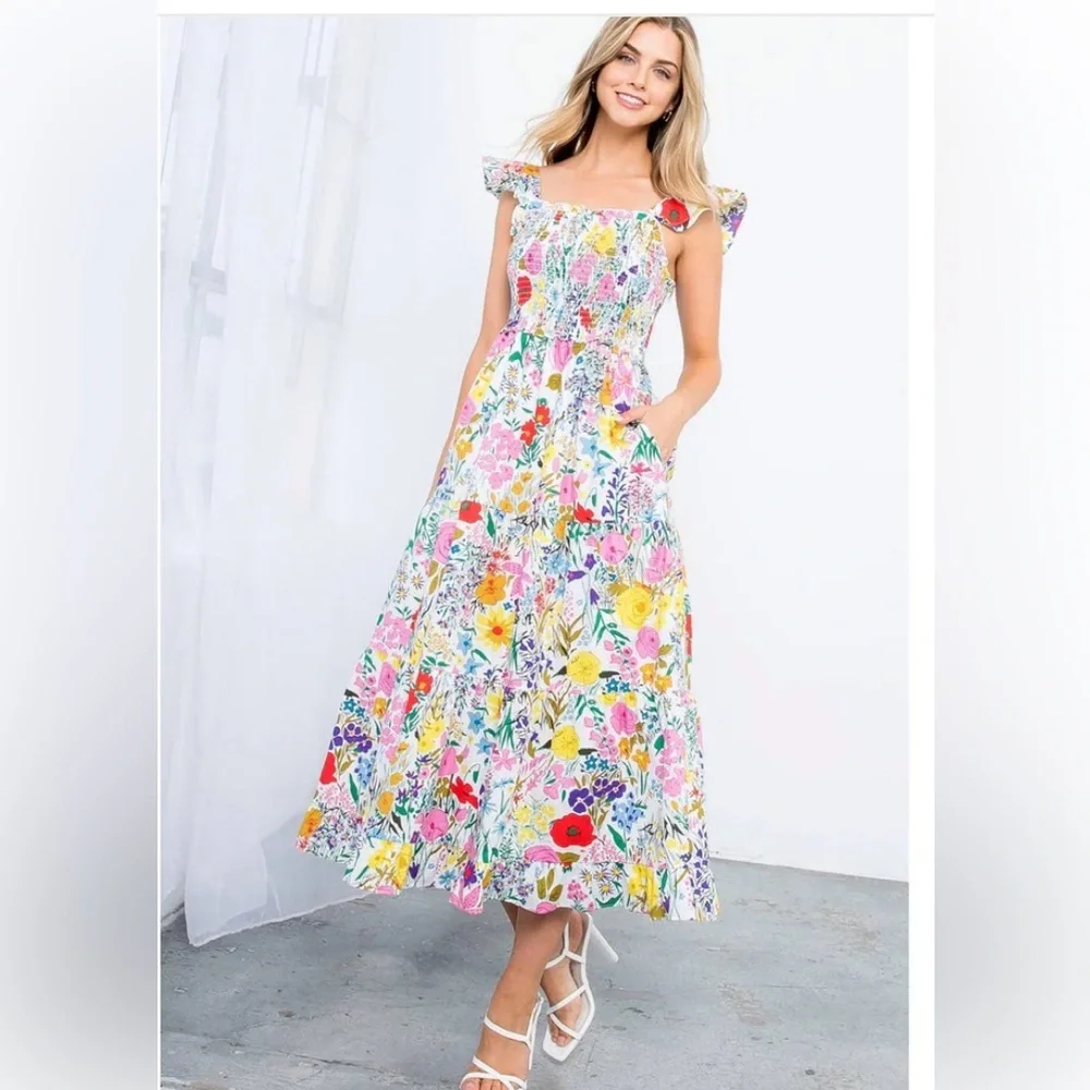 NWT! Anthropologie THML Floral Maxi Smocked Bodice Dress with Ruffle Sleeves - Picture 2 of 13